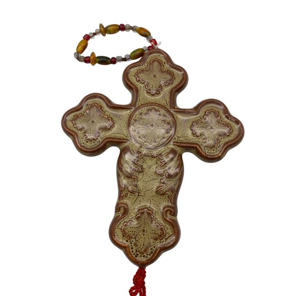 Ceramic hand made hanging cross ornaments hand painted Mexican pottery - Picture 8 of 11